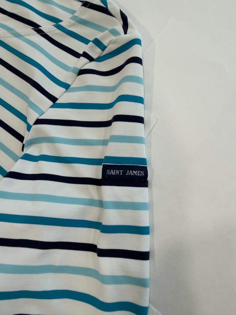SAINT JAMES Breton Stretch White Blue Stripe 3/4 Sleeves UV Nautical Top (Sz 10) - Picture 8 of 12